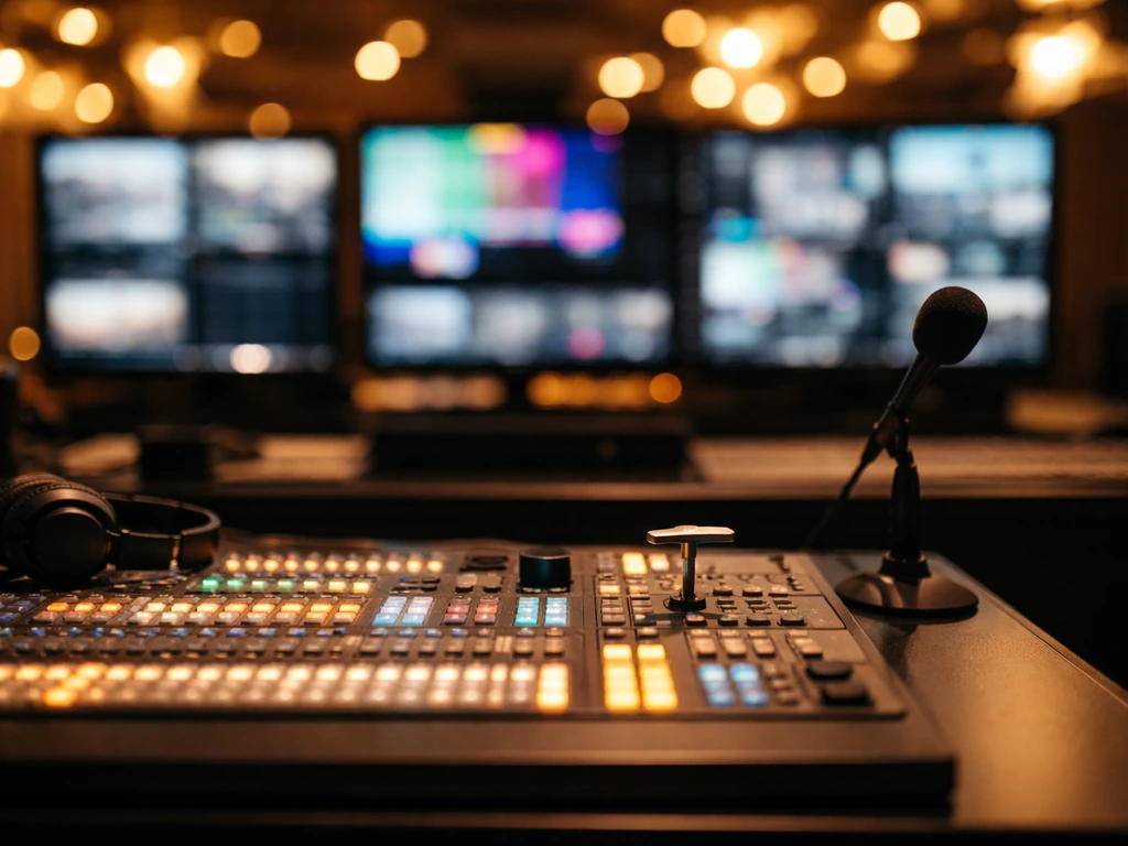 Broadcast studio scene with subtle wealth symbolism—money-like bokeh lights and production equipment