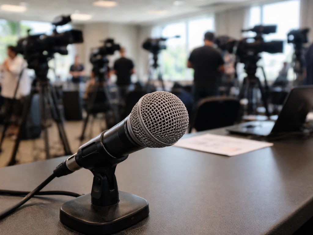 Close-up of a TV broadcast microphone on a desk in a quiet media room with blurred gear behind