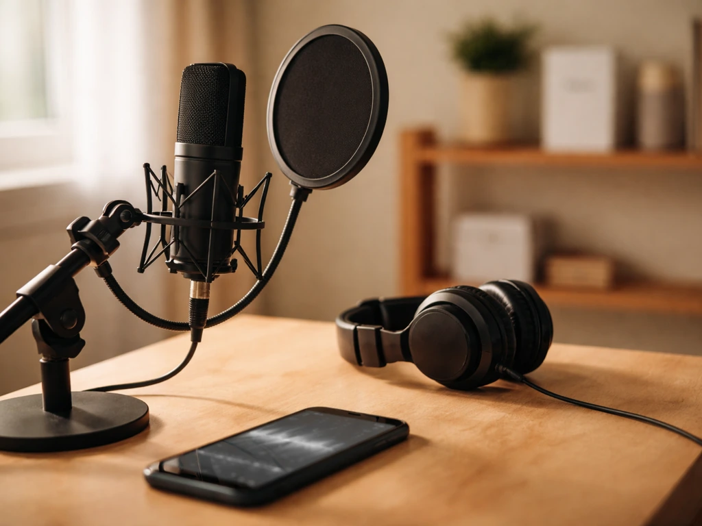 Close-up of a podcast microphone on a desk with a phone playing audio, evoking a co-branded show.
