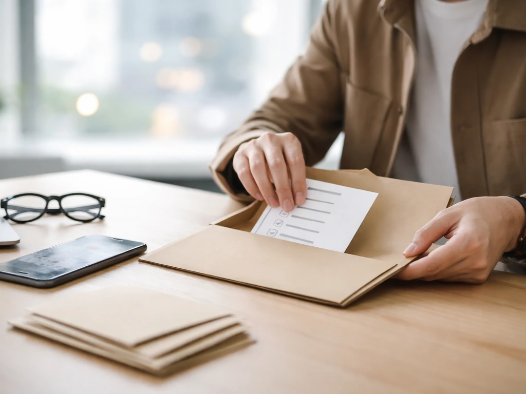 Hands placing a checklist card into a folder on a desk in a bright media office workspace.