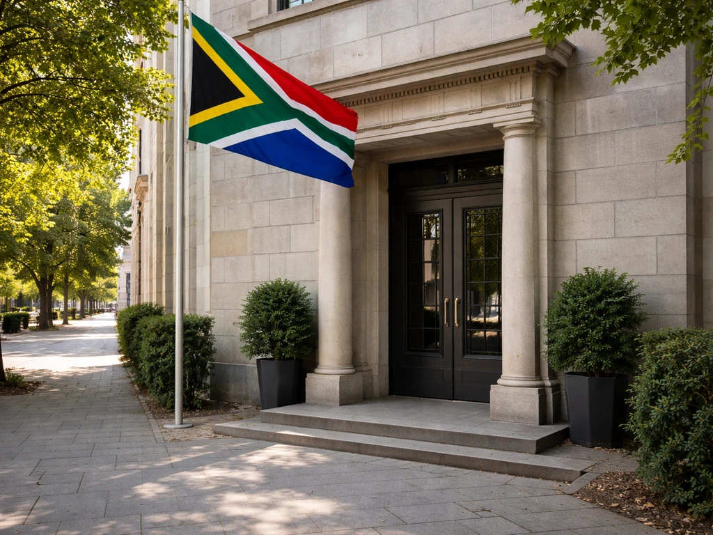 South African embassy-style office exterior with flags and an official door, symbolizing government service