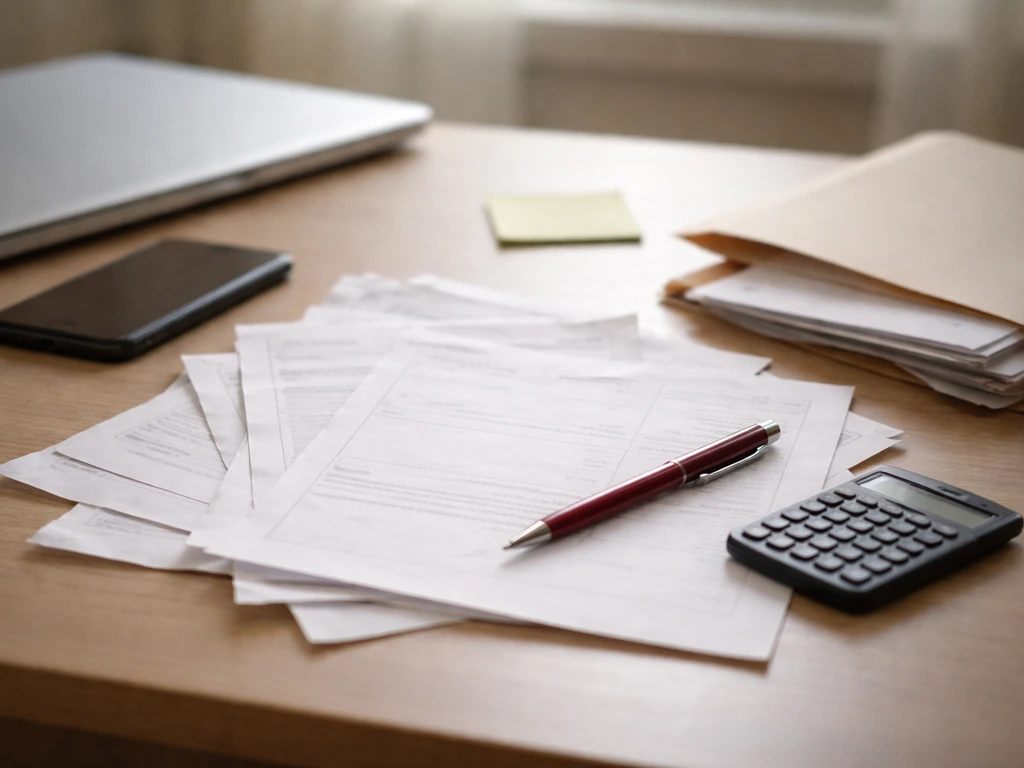 Minimal photo of a desk setup with scattered documents and a calculator, symbolizing uncertain net worth estimation.