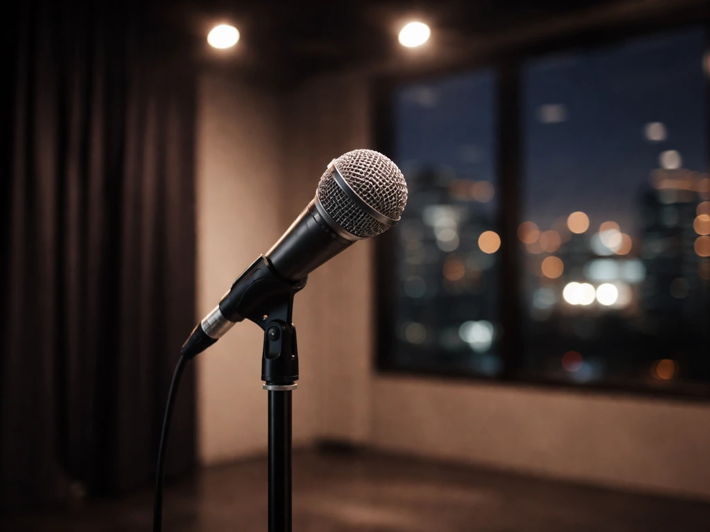 Minimal scene of a microphone in a TV studio with soft city lights, evoking media and entertainment earnings