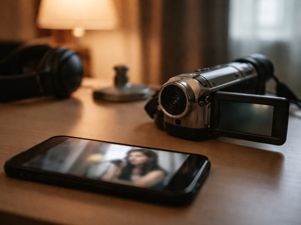 Vintage camcorder and headphones on a desk, evoking an early viral media moment.