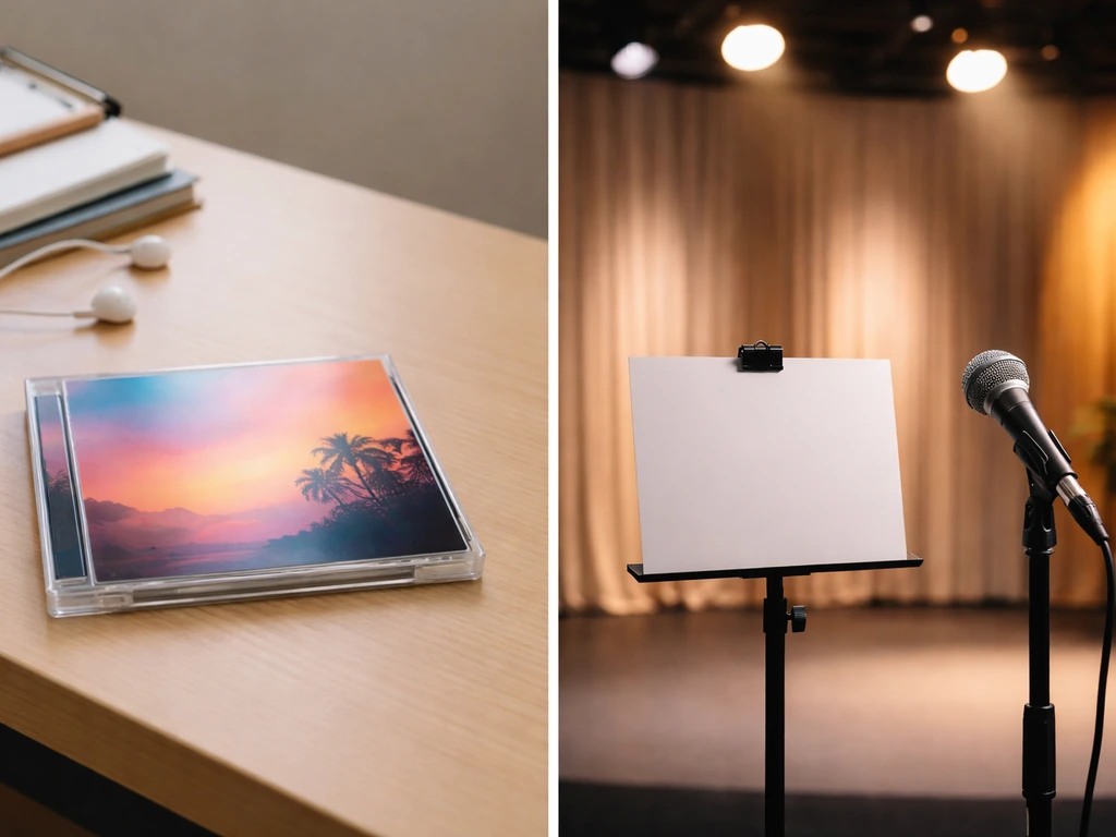 Minimal collage of a music album sleeve and a TV hosting studio backdrop, hinting at income categories