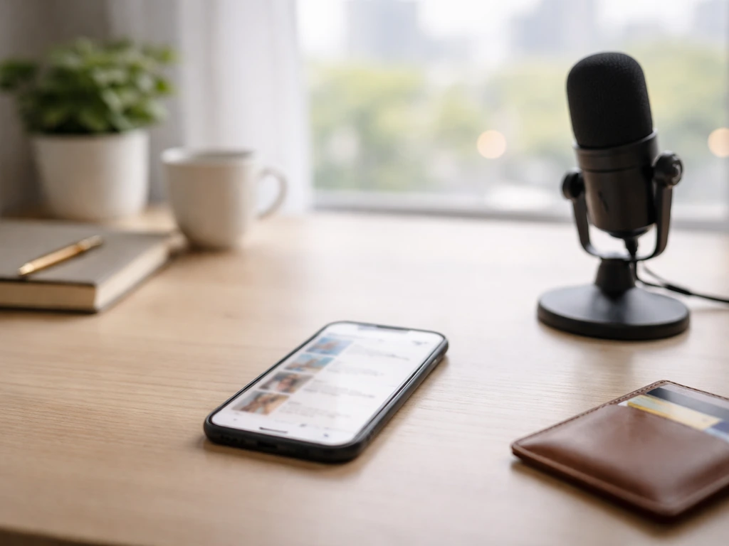 Minimal desk scene with smartphone showing blurred social media feed, hinting at a specific creator