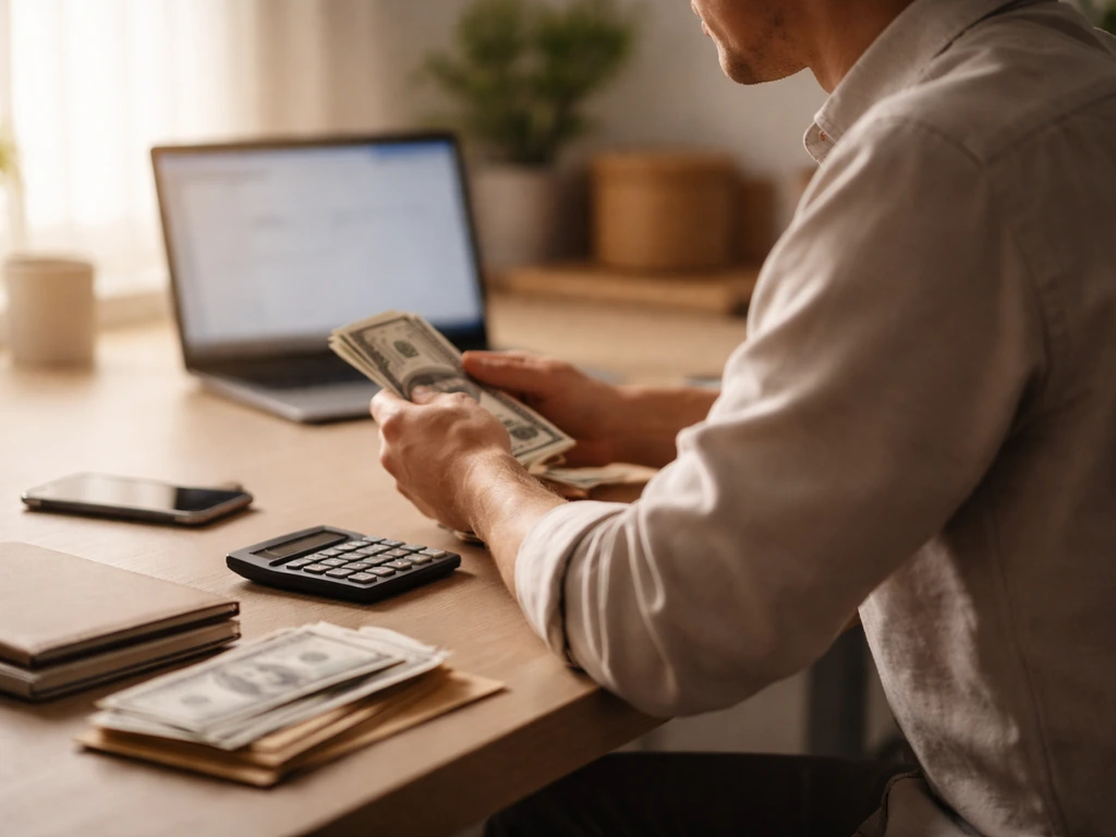 Side view of a minimal desk with smartphone and calculator, symbolizing net worth analysis and confidence.