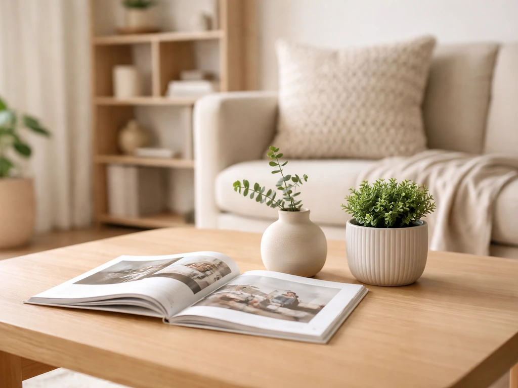 Bright modern living room coffee table styled with decor items and an open design magazine.