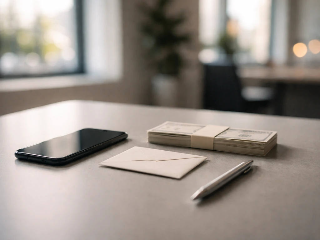 Minimal photo of a studio desk with a smartphone and a small envelope, symbolizing a net worth range estimate.