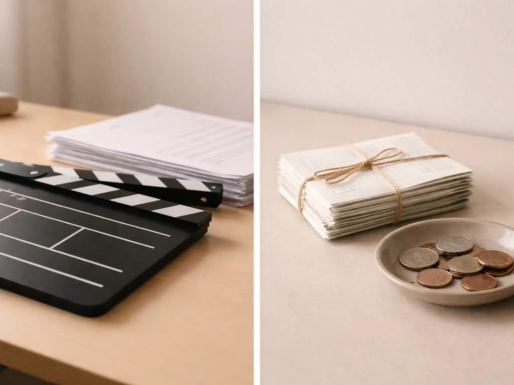 Clapperboard and script beside a tied stack of bills/receipts in a minimal photo-collage style.