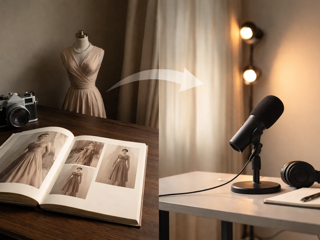 Vintage fashion lookbook page transitioning into a modern studio entertainment desk scene