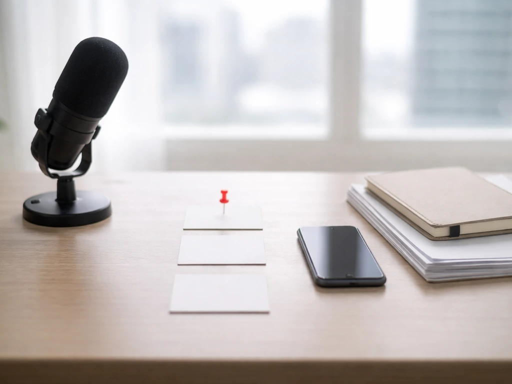 Minimal studio desk with microphone and phone, symbolic milestone cards in soft window light.