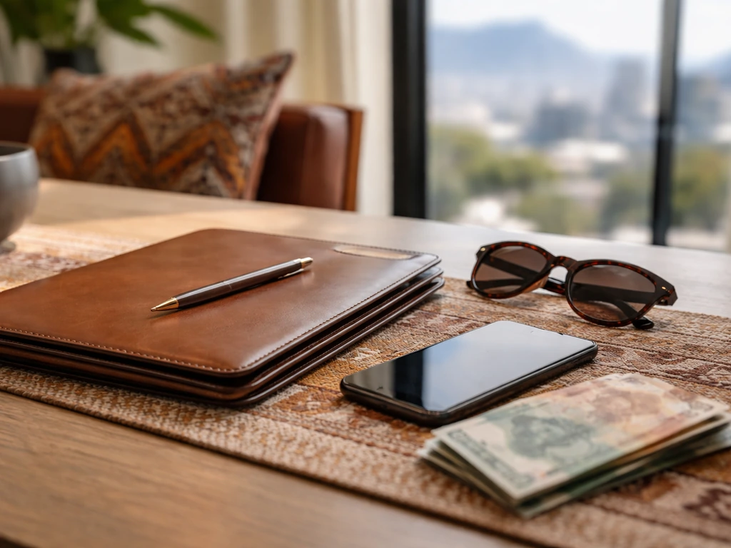 Minimal luxury desk with warm patterned textiles and blurred city light, symbolizing wealth and media profile.