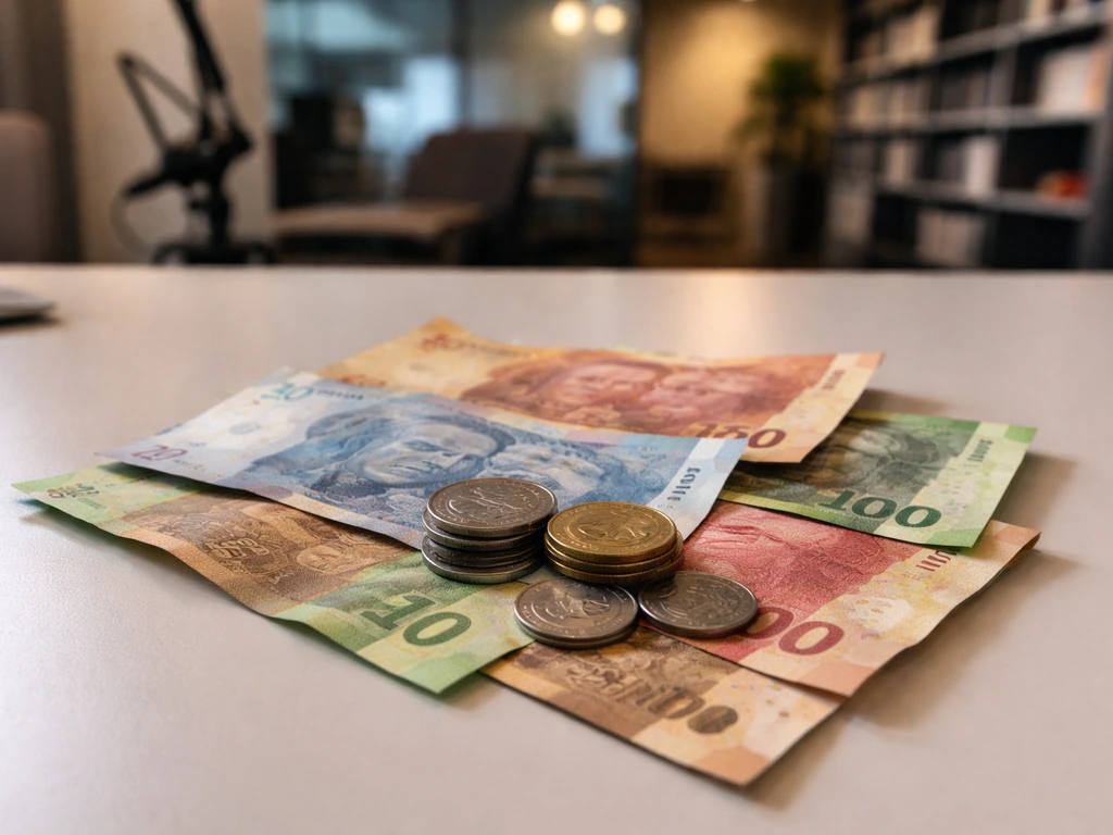 Minimal photo of South African rand notes and coins with a blurred newsroom studio background, symbolizing net-worth ran