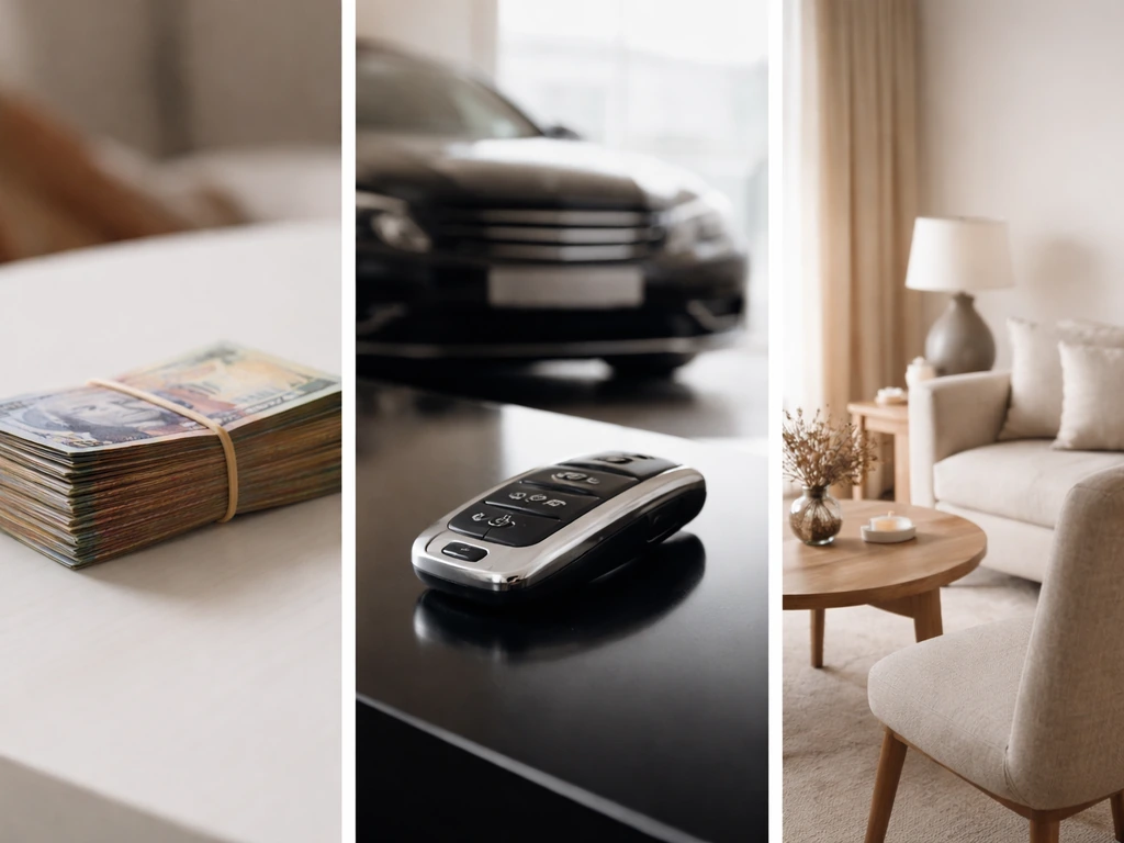 Luxury cash bundle, car key, and a neatly staged furnished apartment corner in one photo split detail.
