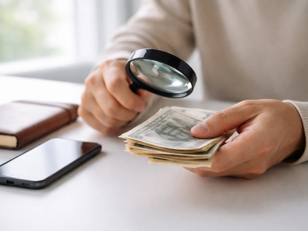 Close-up of hands using a magnifying glass over money on a desk, suggesting verification of estimates.