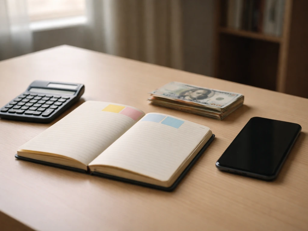 Minimal desk scene with calculator, blank phone, and mixed money symbolizing net-worth estimate ranges