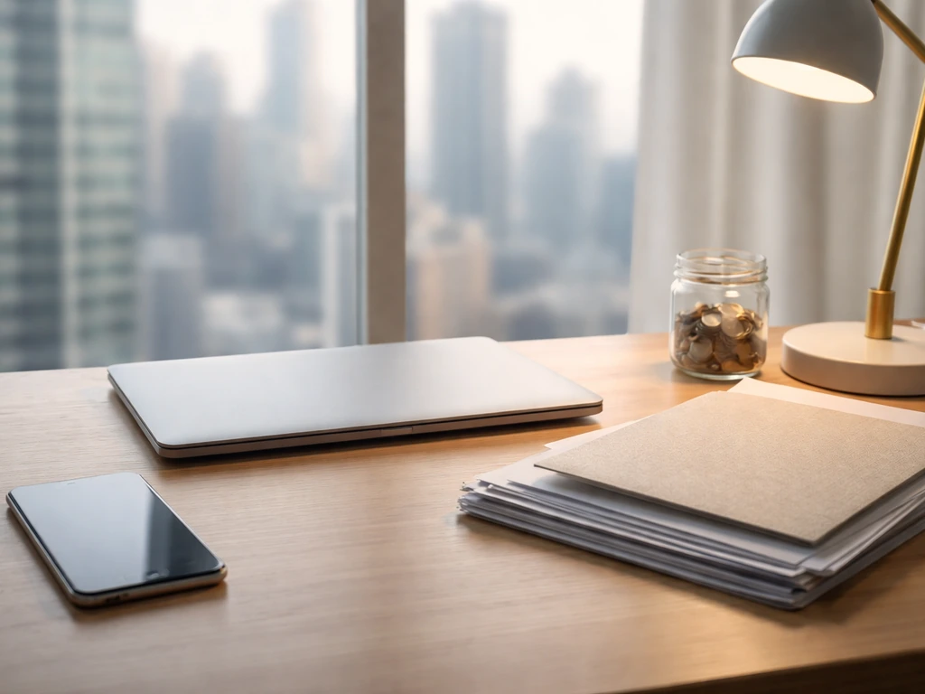 Minimal office desk scene symbolizing private company income and equity through business tools and coins.