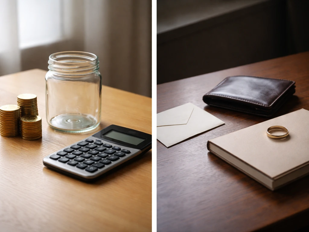 Minimal side-by-side desk scene contrasting coins and a wallet to symbolize turnover vs net worth.