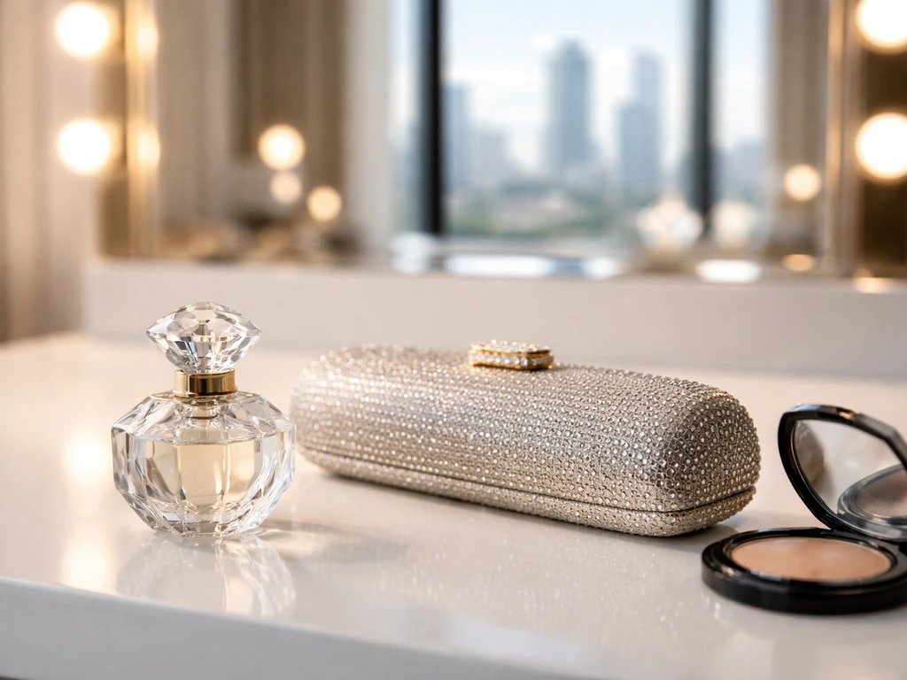 Minimal vanity setup with luxury items and a blurred mirror, symbolizing celebrity lifestyle and wealth analysis.