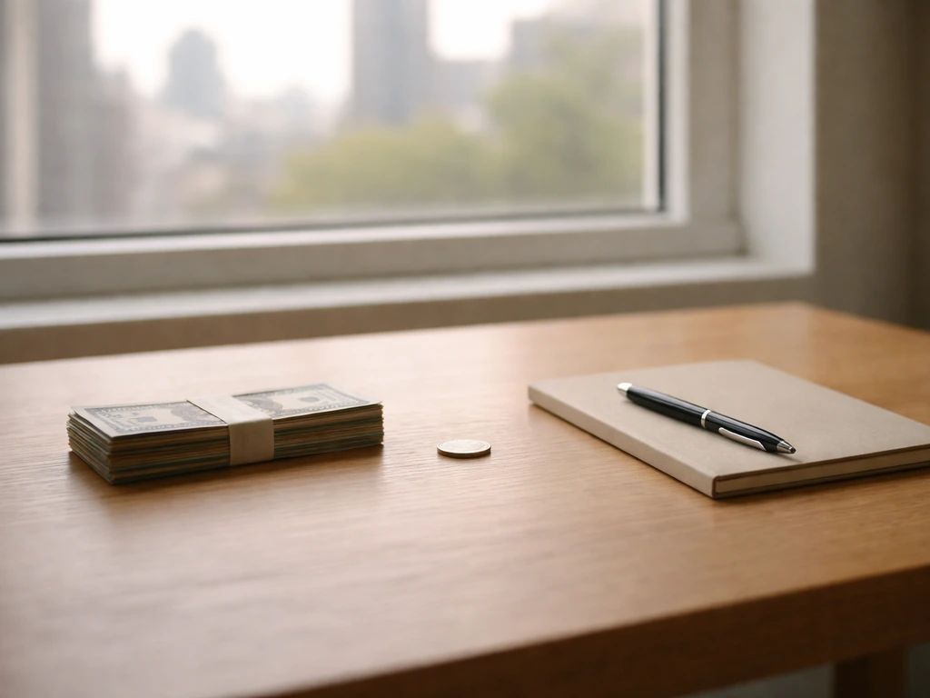 Minimal desk scene with a small stack of cash beside a neutral notebook, symbolizing a net worth range estimate.