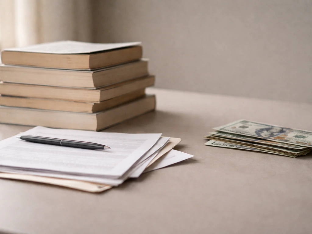 Minimal photo of stacked books and documents with a few banknotes, suggesting an estimated money range