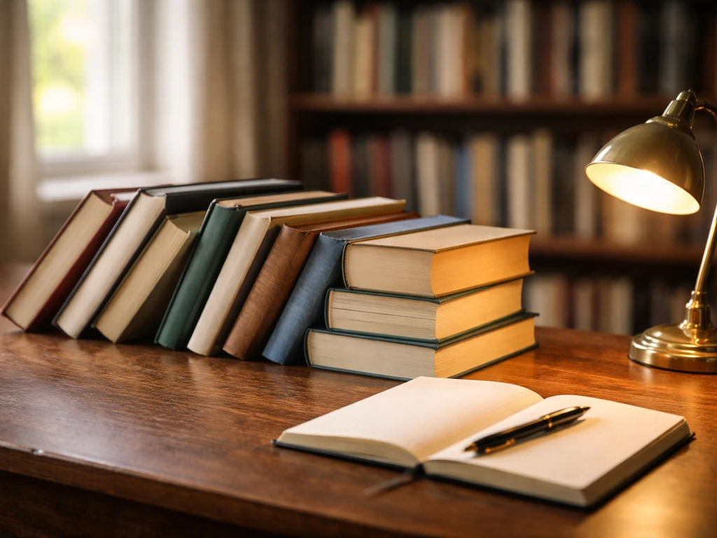 Stack of hardcover books on a desk with lamp and pen, symbolizing book royalties and advances.