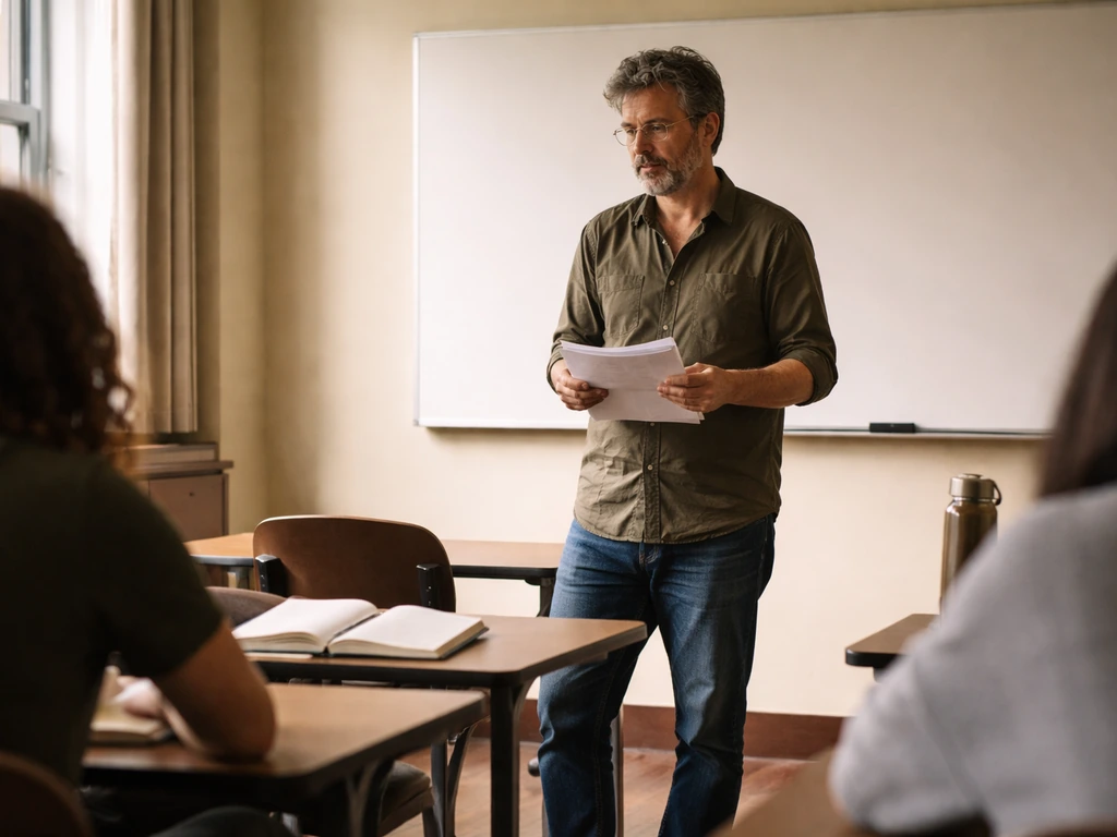 Anonymous creative writing professor holding printed essays in a quiet university classroom.