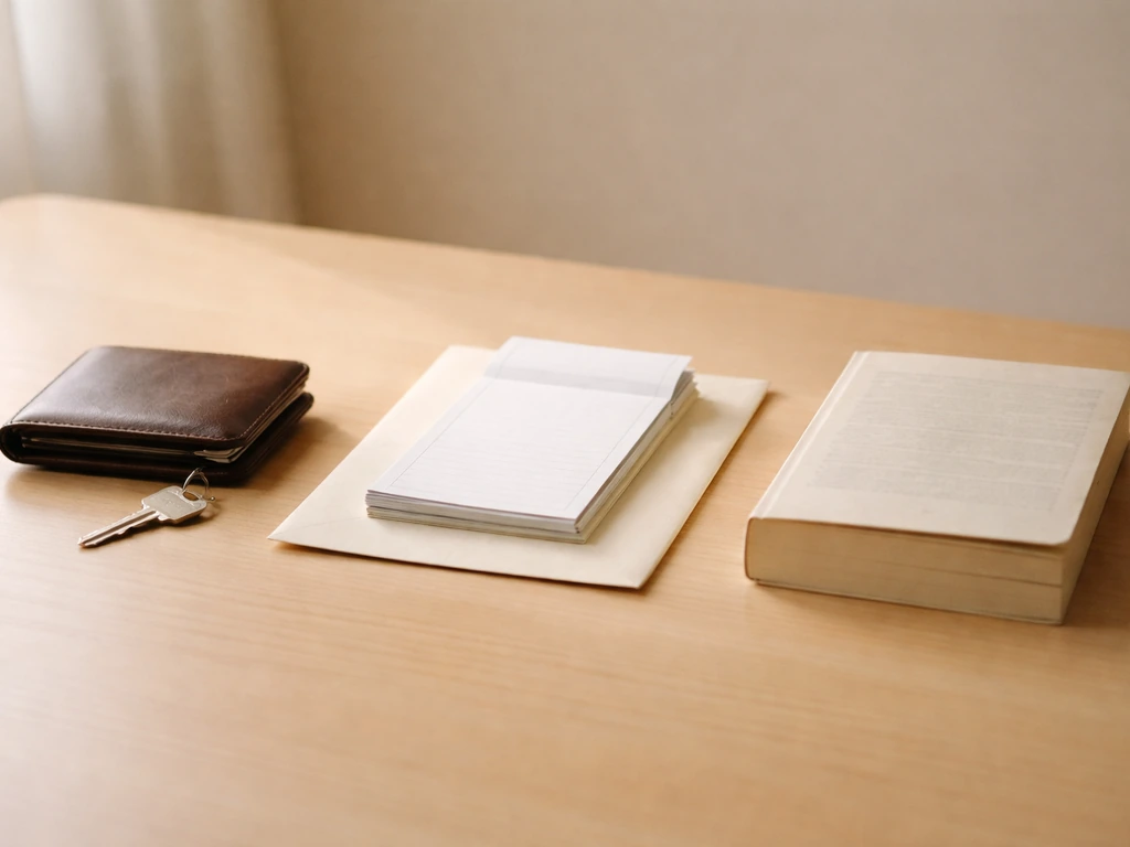 Minimal desk scene with wallet, envelope/receipts, and a paperback book symbolizing net worth, income, and sales.