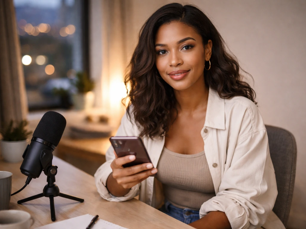 South African social media entertainer in a casual studio setup with a smartphone and warm city light