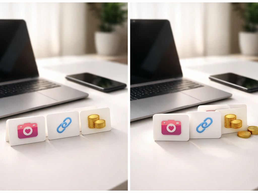Minimal photo scene showing an influencer-style desk with smartphone, laptop, and three simple money-related icons on ca