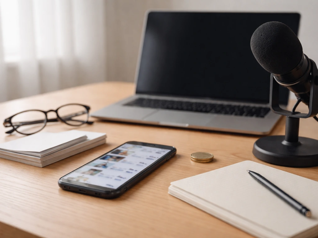 Minimal desk scene with laptop, blurred phone screen, and coin suggesting algorithmic net worth estimation.