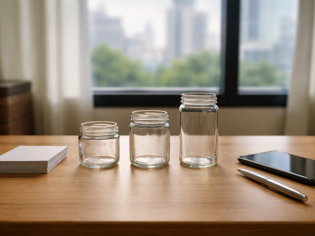 Minimal office desk with three unmarked glass jars of different heights beside blank cards.