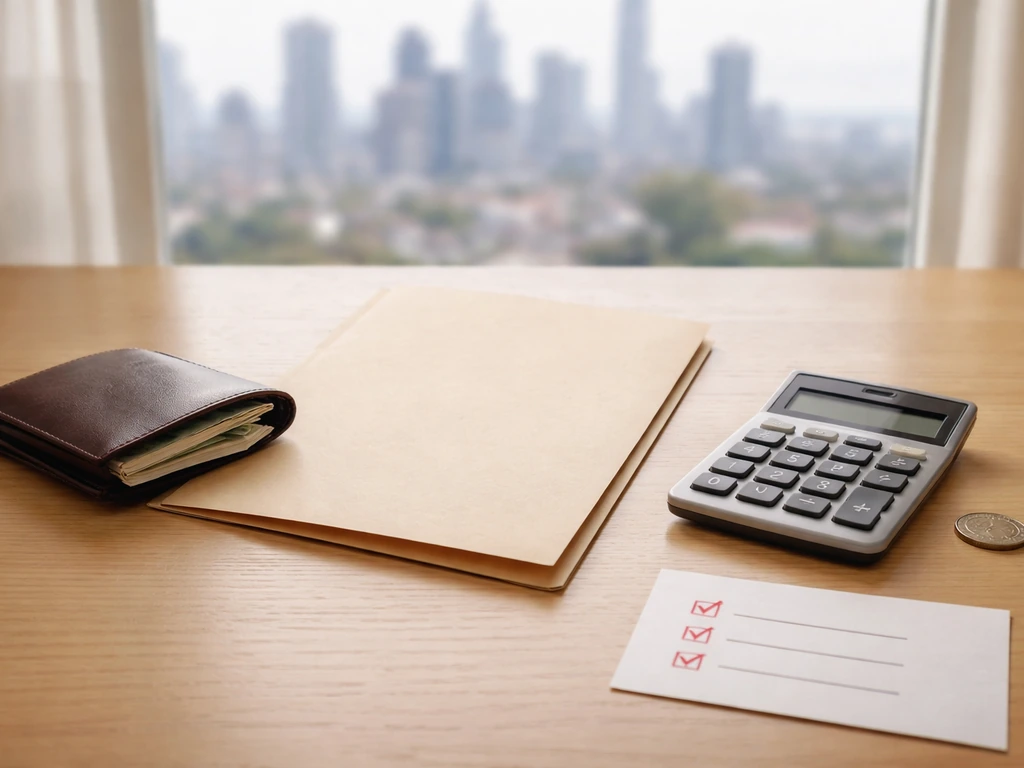 Minimal photo of a desk with cash envelope, investment folder, and calculator symbolizing assets and revenue streams.
