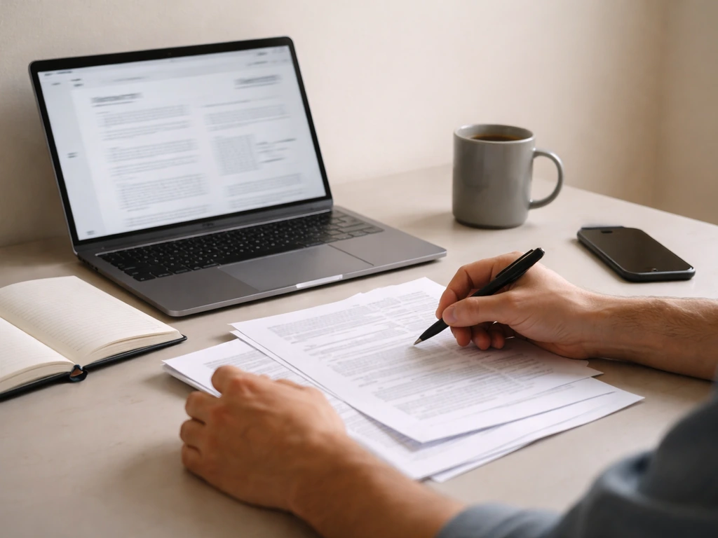 Person at a desk using a laptop to check public business records, with documents and a phone nearby.