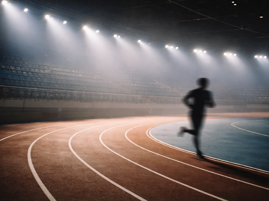 Indoor track stadium scene with blurred running motion and a symbolic spotlight