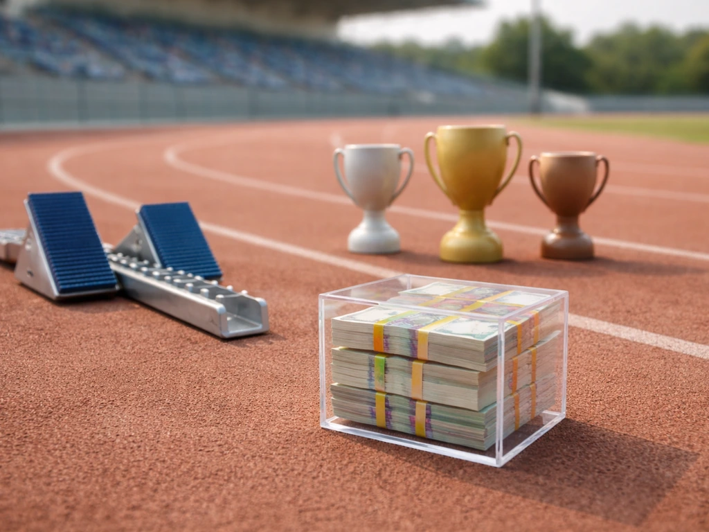 Athletic starting block with a clear money cube and three trophy-like prize pods in a blurred stadium.