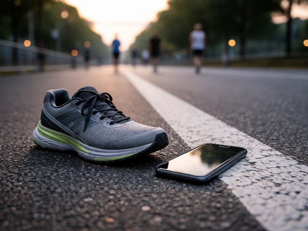 Empty road-race start area with blurred runners in the distance and a running shoe on the pavement