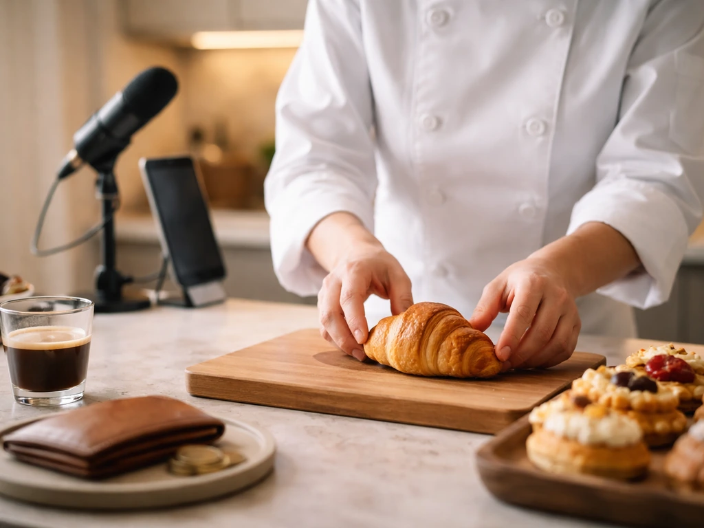 Anonymous chef in a home kitchen with pastries, a microphone nearby, and subtle money symbolism.