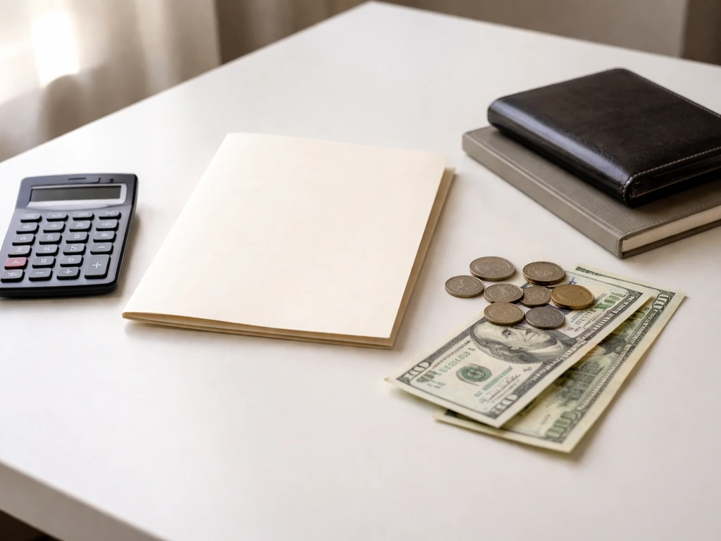 Minimal photo of a finance calculator beside a folder and coins, symbolizing assets minus liabilities.