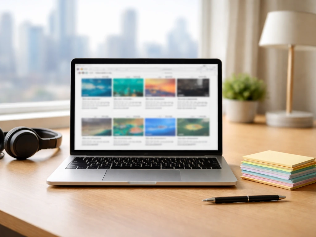 Laptop on desk showing blurred finance thumbnails in different colors to symbolize varying net worth estimates.
