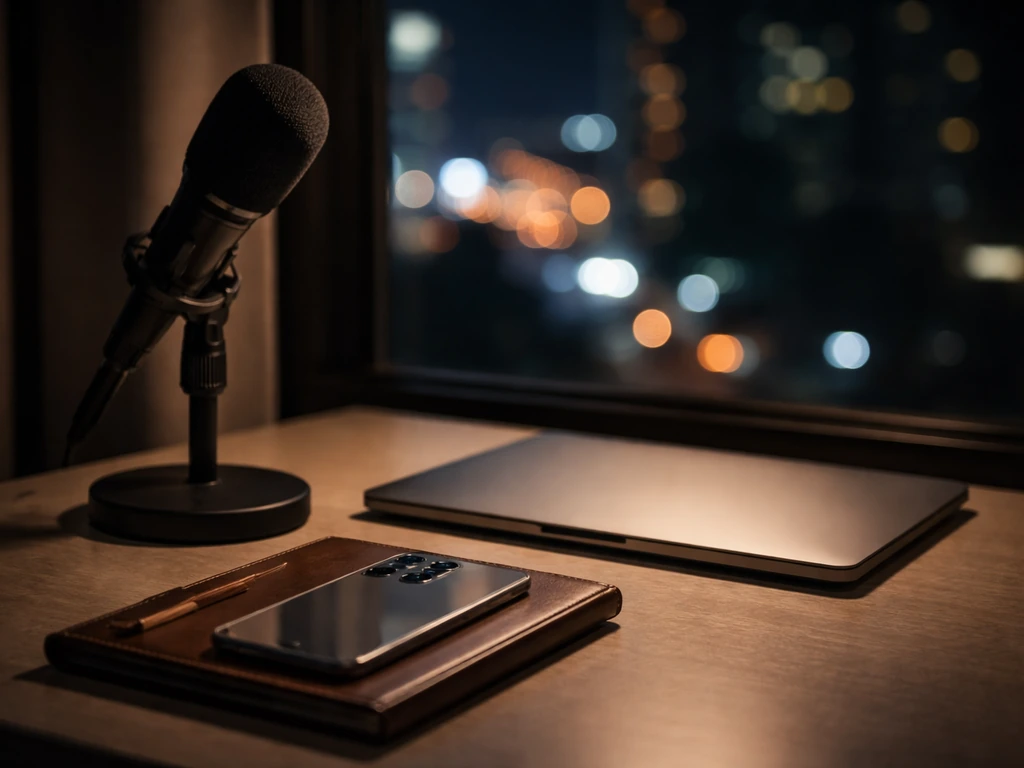 Elegant media and finance setting with a microphone, laptop, and soft city light symbolizing a TV personality’s net-wort