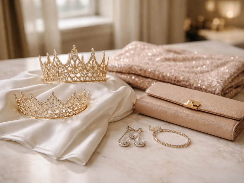 Miss Universe-style tiara and evening gown accessories laid out on a clean vanity, evoking pageantry monetization.