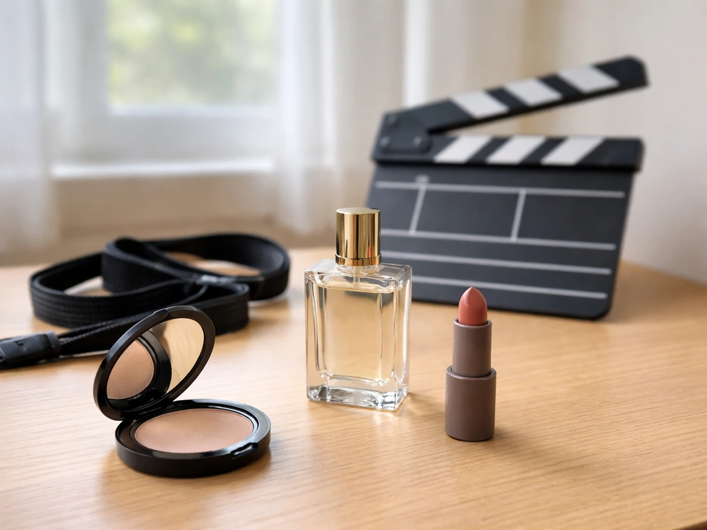 Curated beauty campaign items on a minimalist desk, suggesting endorsements and photoshoot preparation.