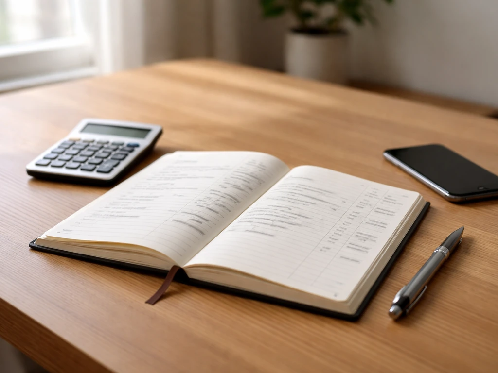 Minimal desk scene with an open ledger-style notebook and calculator beside a smartphone, symbolizing net-worth estimate