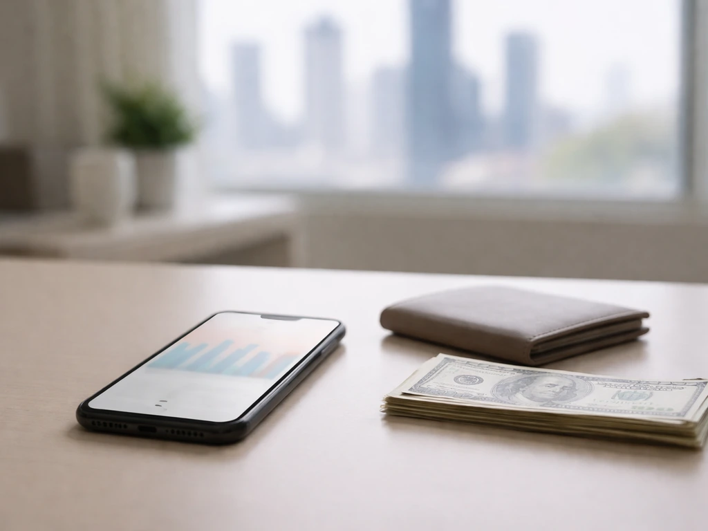 Minimal desk scene with a smartphone and blurred finance-style chart graphic, symbolizing a net worth estimate.