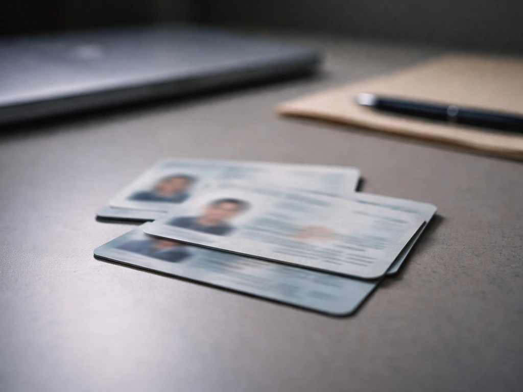 Overlapping blurred identity documents in a dim office, symbolizing confusion over a shared name