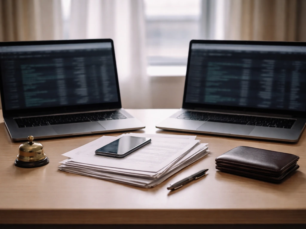 Office desk with two open laptops, documents, and money symbols suggesting differing financial estimates across sources.