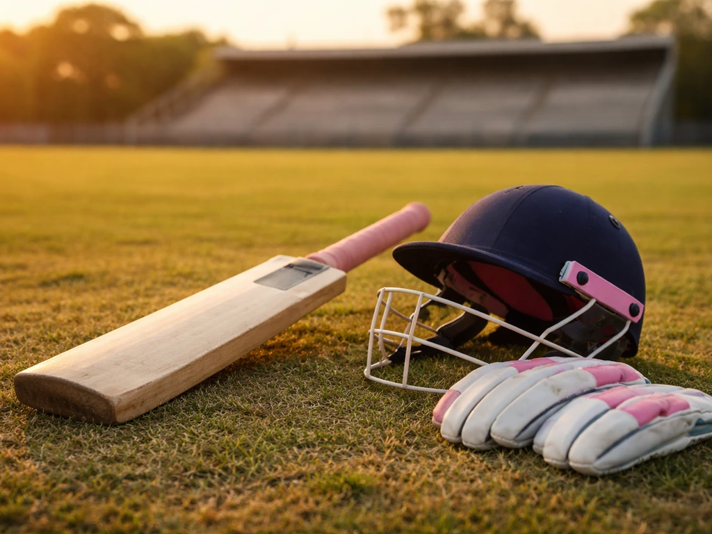 Cricket gear—bat, helmet, and gloves—resting on grass beside a blurred stadium at golden hour.