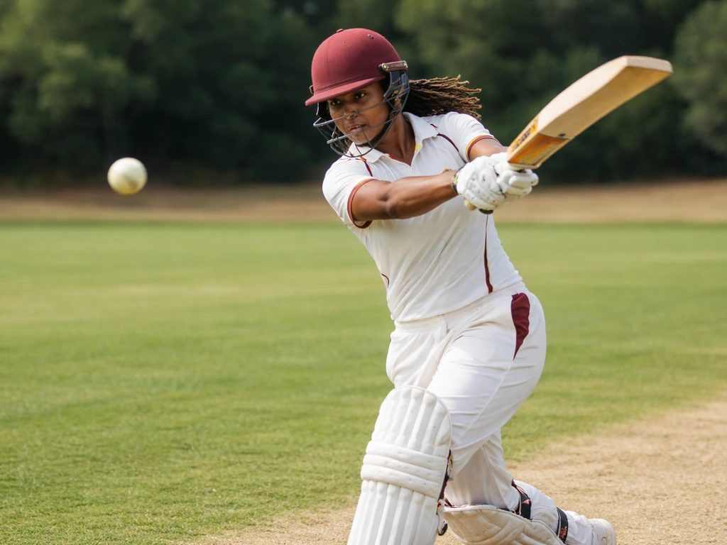 West Indies–style female cricketer in action batting on a simple cricket field.